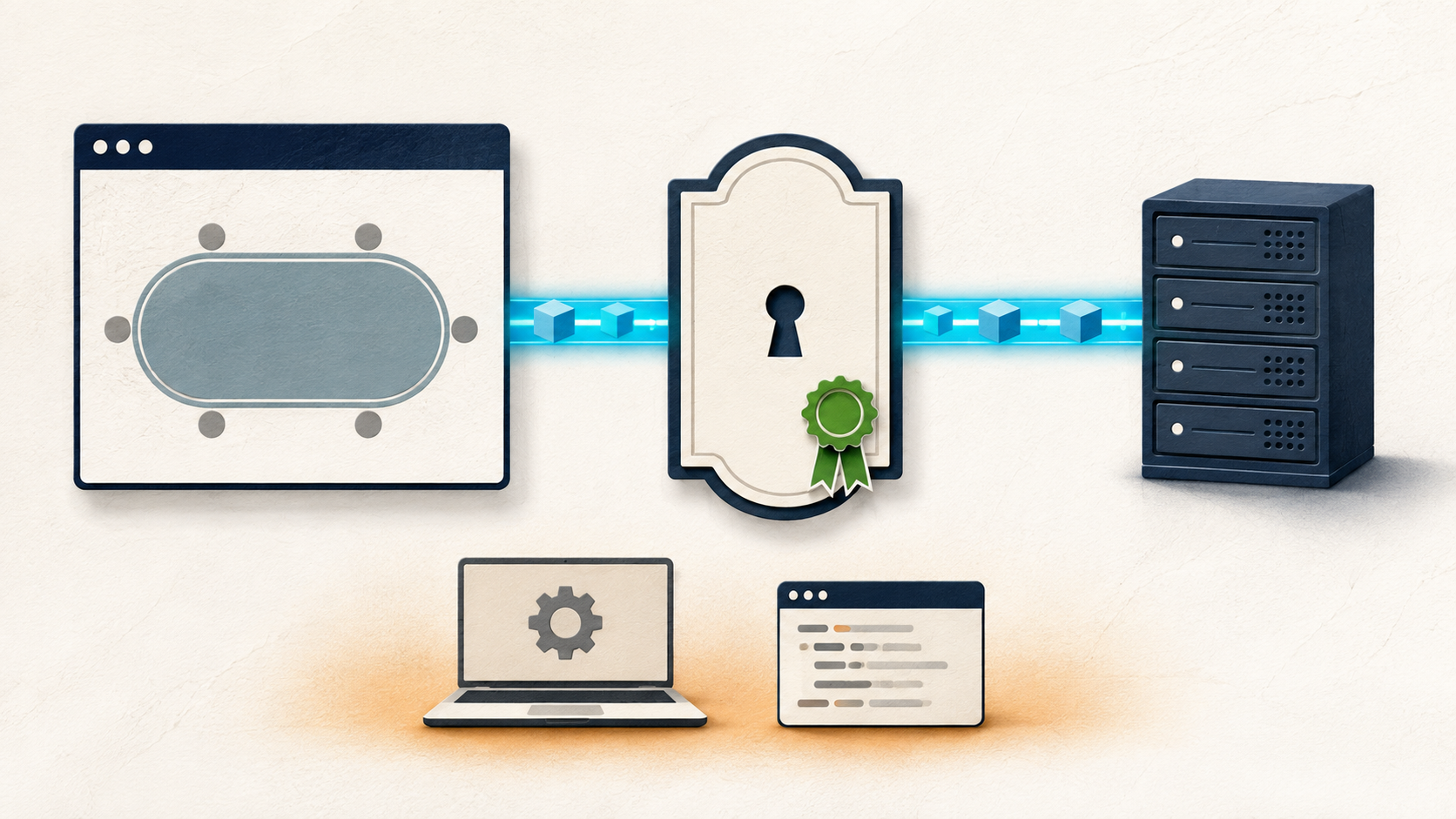 Illustration of an encrypted connection between a poker website and a server, with a certificate and padlock.