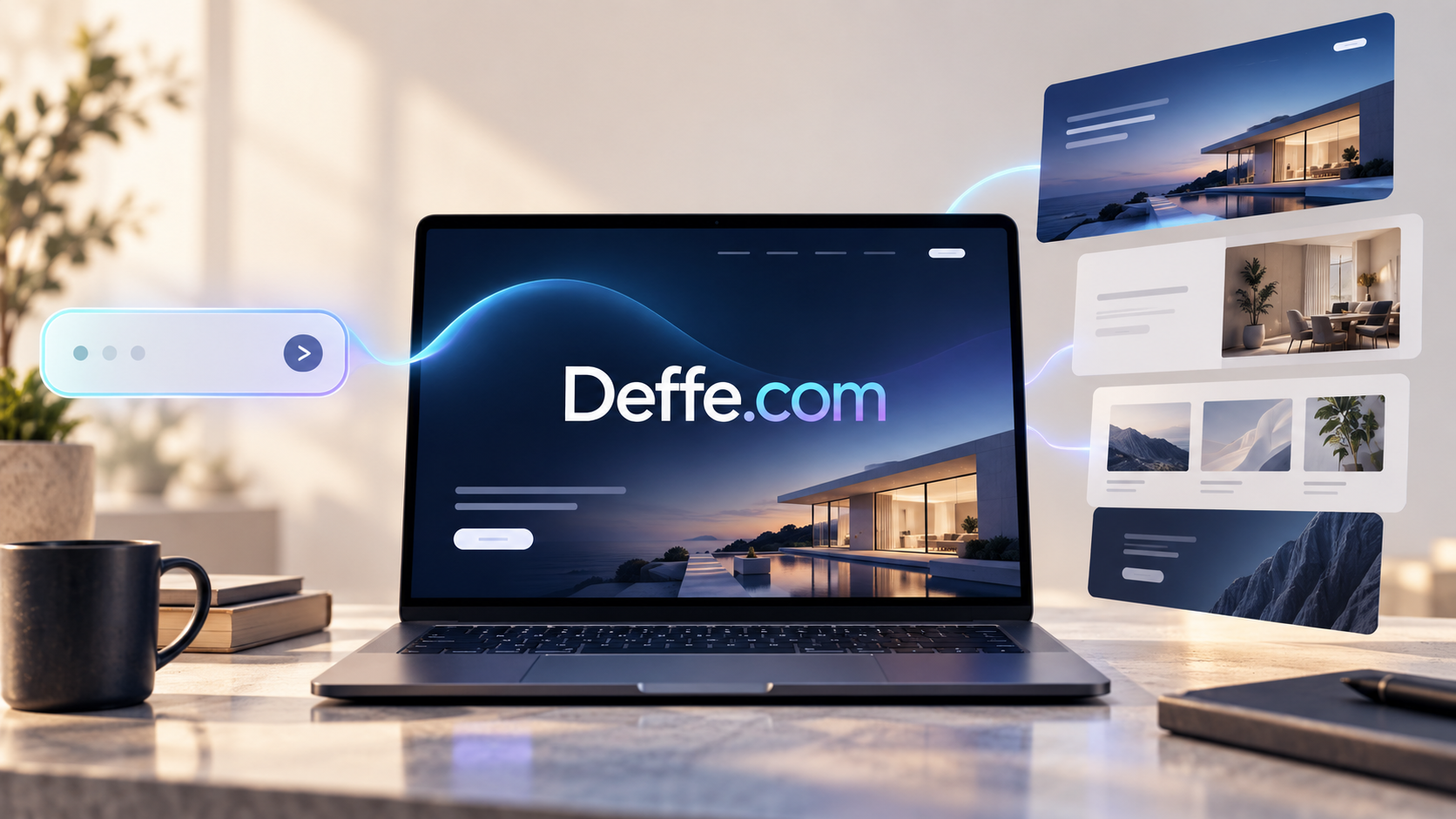 Deffe.com illustration showing a text prompt connected to a website design on a laptop.
