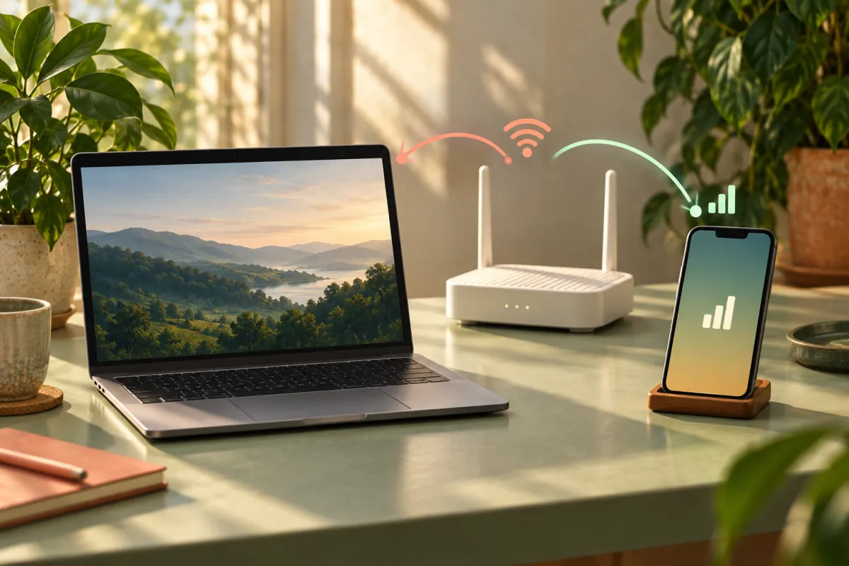 AI-generated illustration of a laptop, Wi-Fi router and smartphone representing home and mobile internet connections.