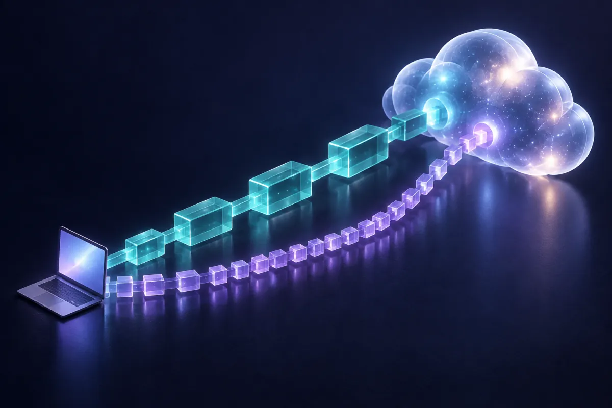 AI-generated illustration of two parallel connection paths between a laptop and the internet, representing IPv4 and IPv6.