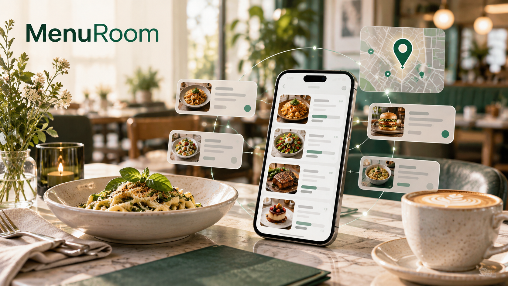 MenuRoom illustration with searchable dishes on a phone and nearby restaurant locations on a map.