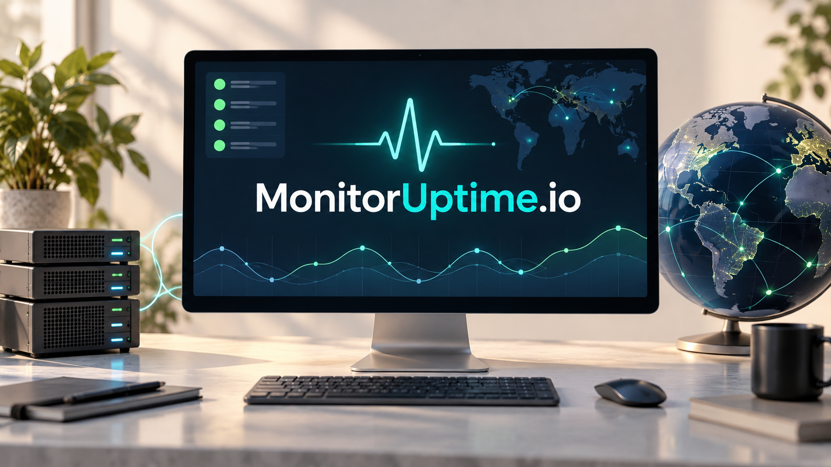 MonitorUptime.io illustration with availability indicators, response-time charts and a world map.