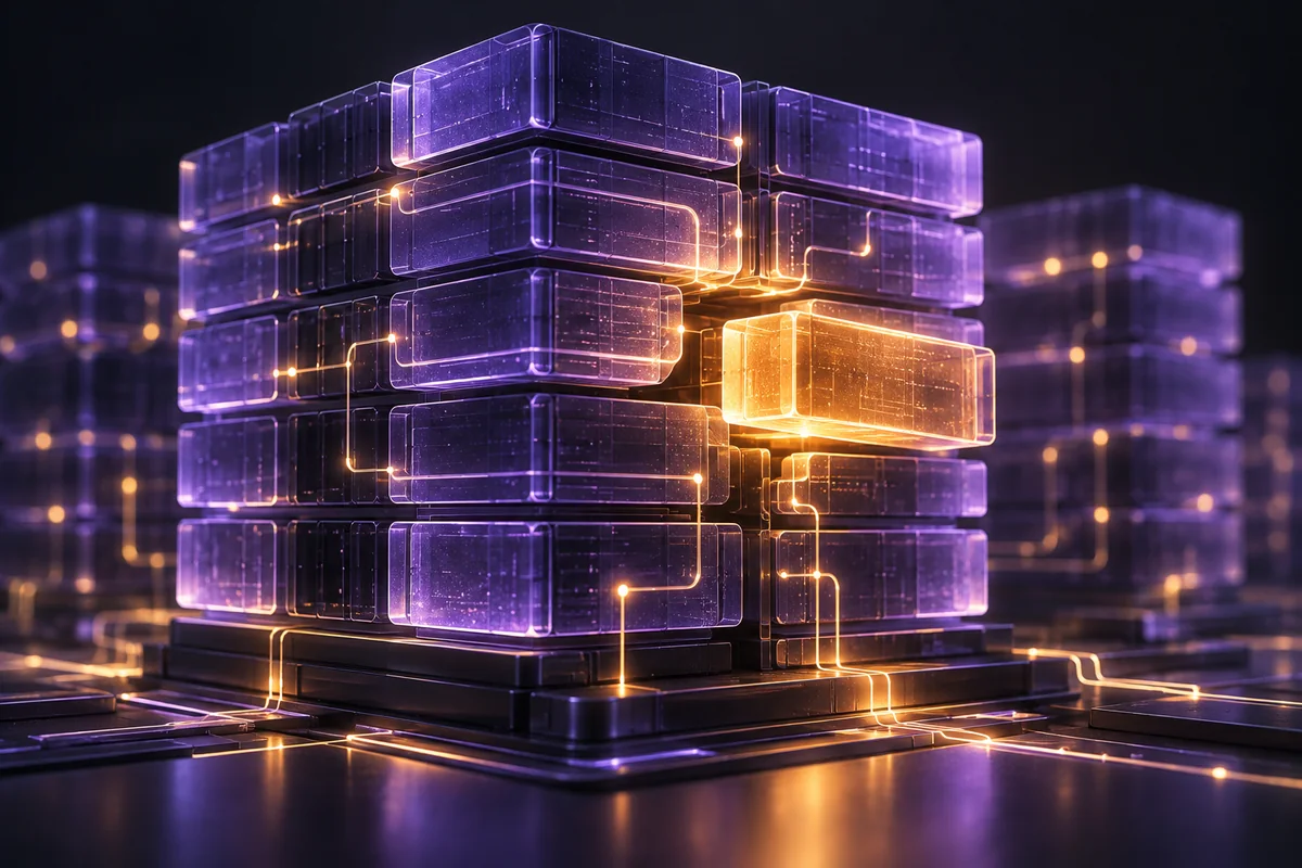 AI-generated conceptual illustration of a violet server memory core being repaired with a glowing amber block.