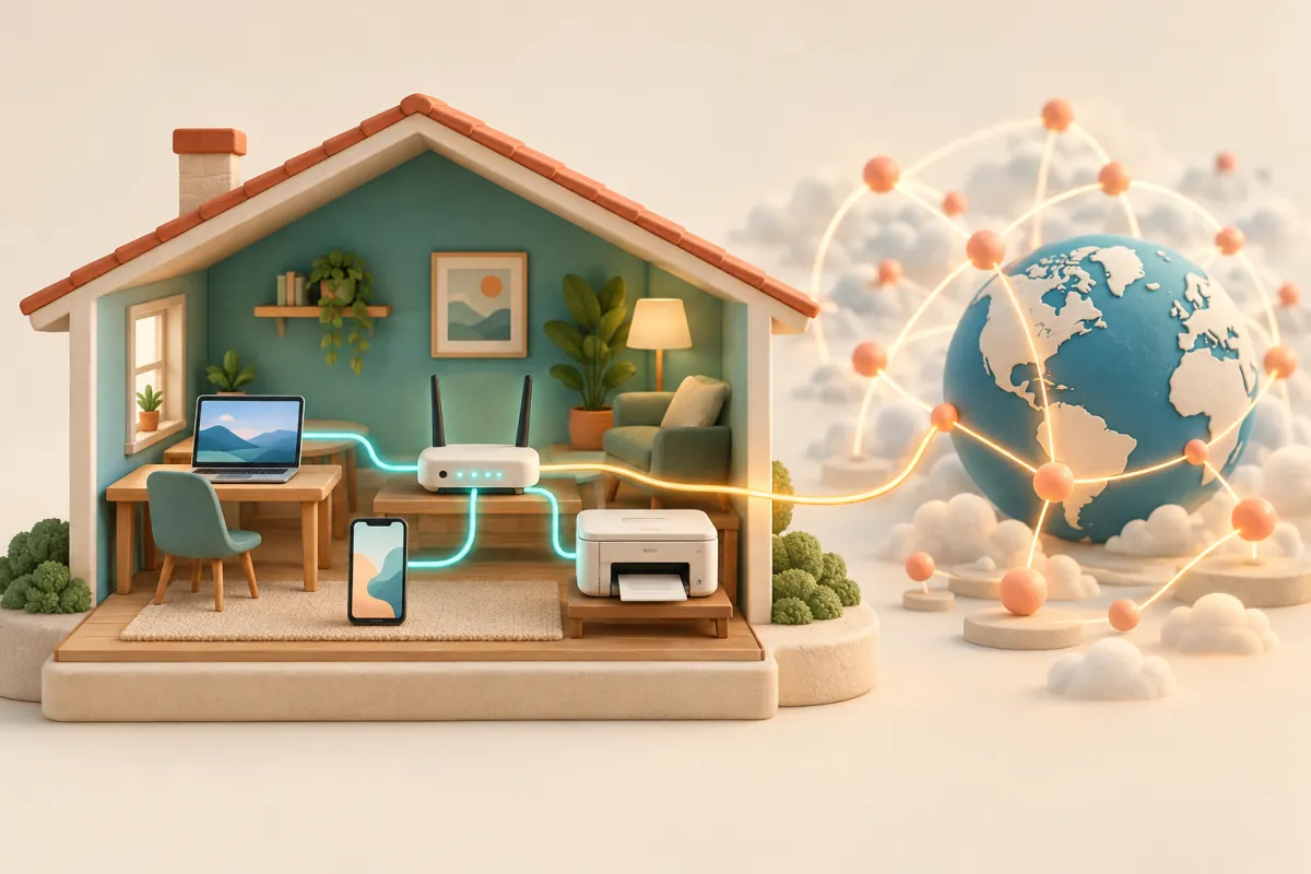 AI-generated illustration of home devices connected to a router and a separate public internet network.