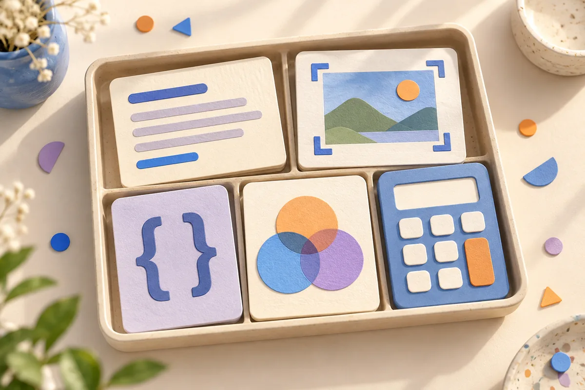 AI-generated illustration of a toolkit with cards representing text editing, image cropping, code, colors and calculations.