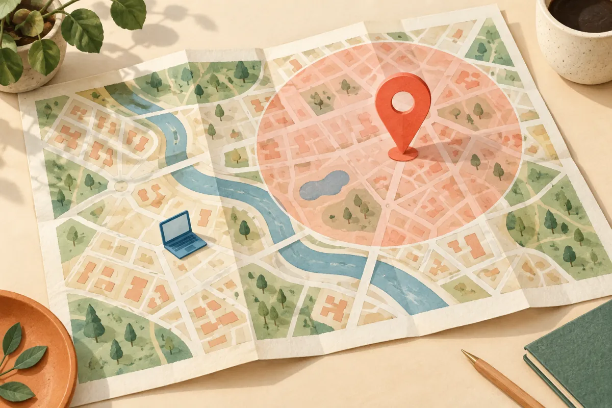 AI-generated illustration of an approximate location marker on an imaginary map, separated from a laptop.